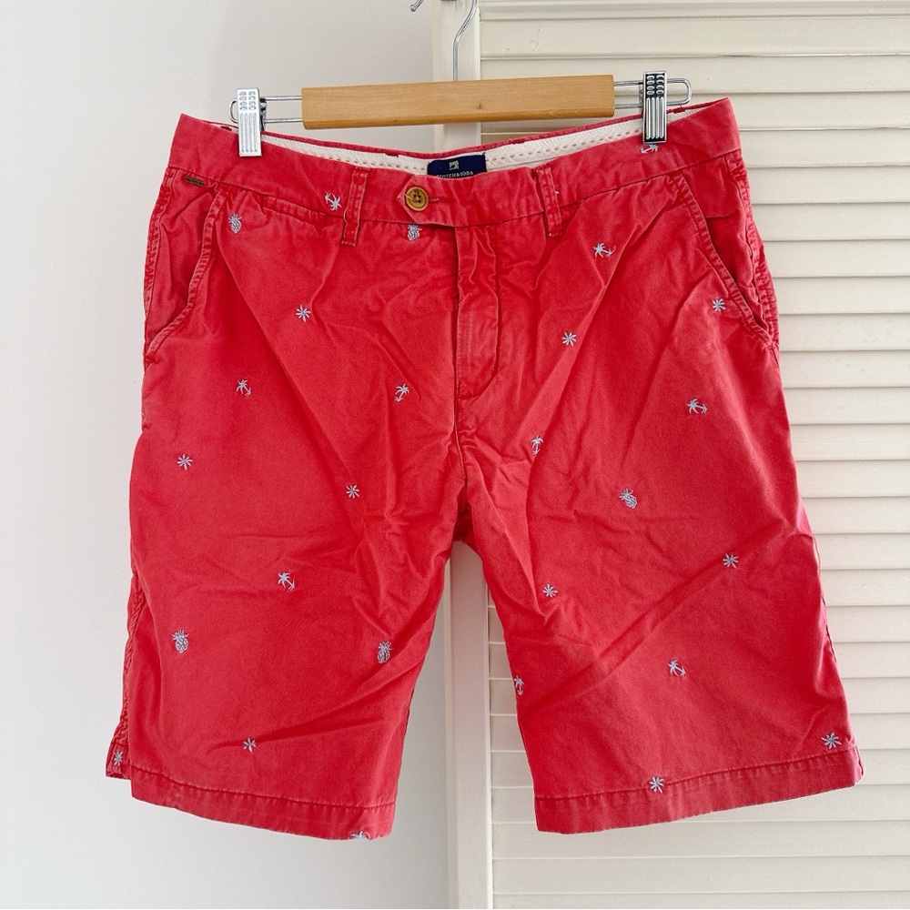 Scotch & Soda Salt Red Cotton Casual Shorts W31 Palm Tree Embroidered Beach Prep